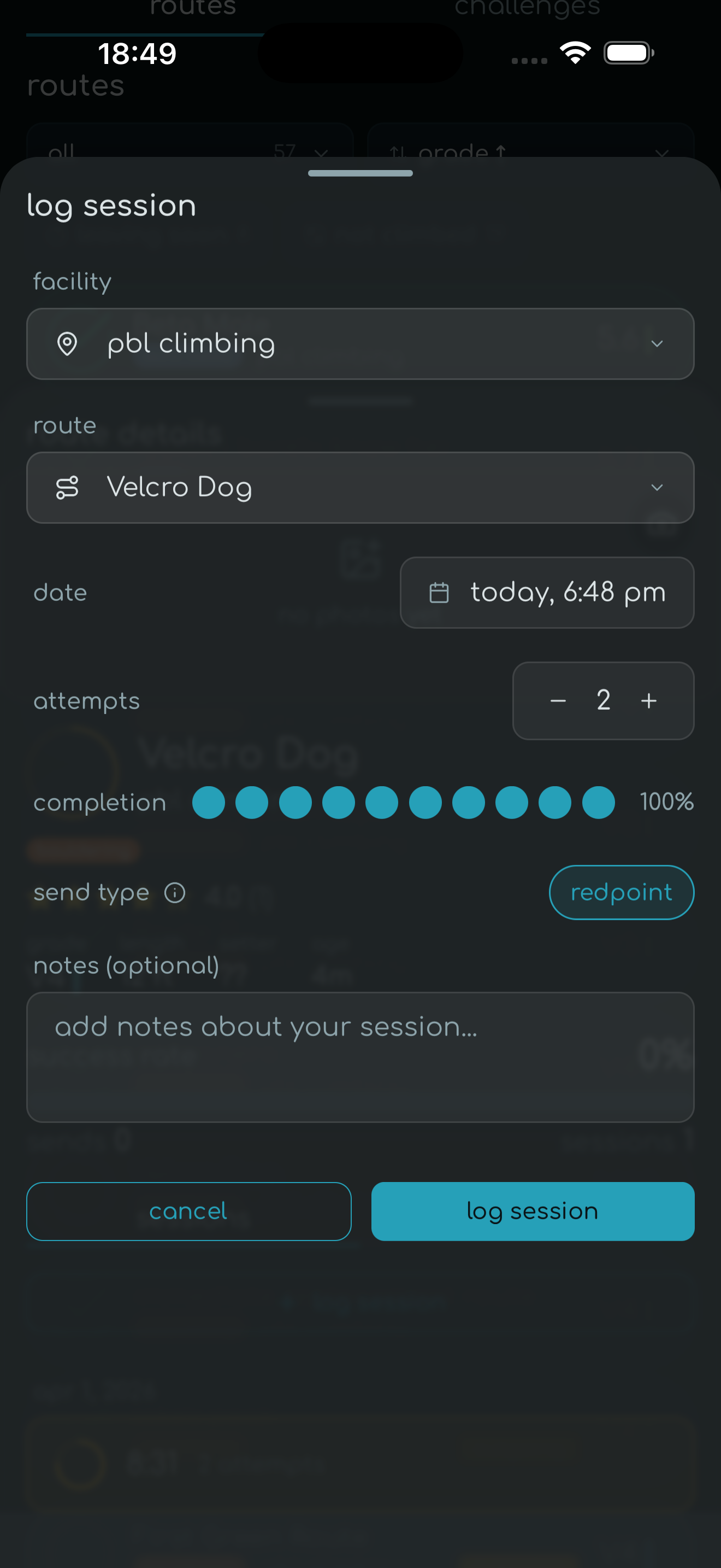 climber logging a session on a specific route